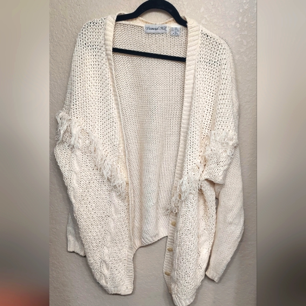 VINTAGE 90's Fringe Chunky Knit Sweater Oversized BOHO White Western Cardigan ✨️